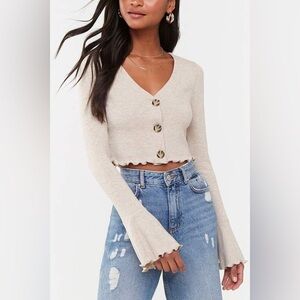 Forever 21 Cropped Ribbed Button Front Top Tan Trumpet Sleeve sz Small